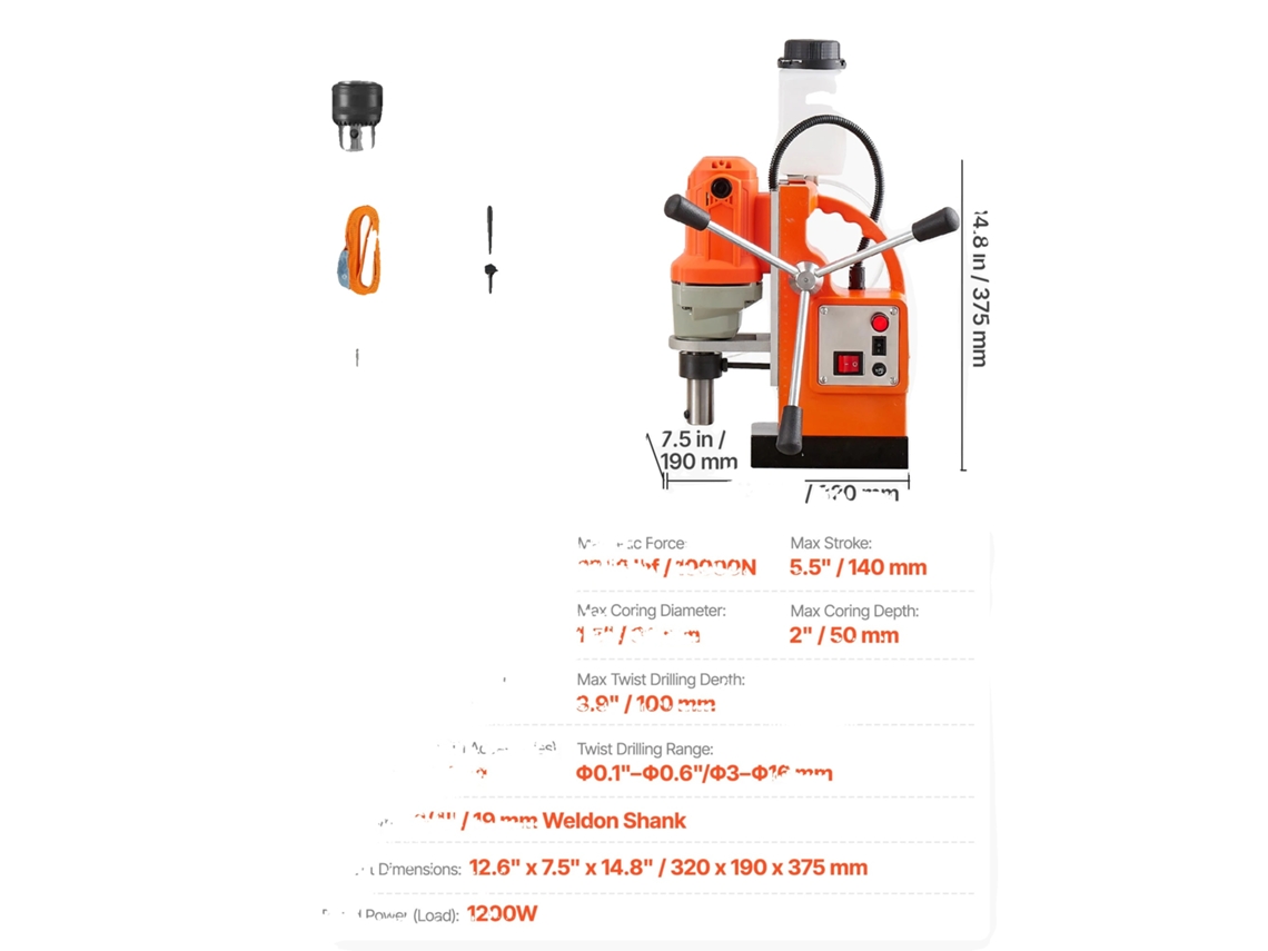 Furadeira Magnética, Velocidade De 900 Rpm, Força Magnética De 2248 Lbf, 1200w