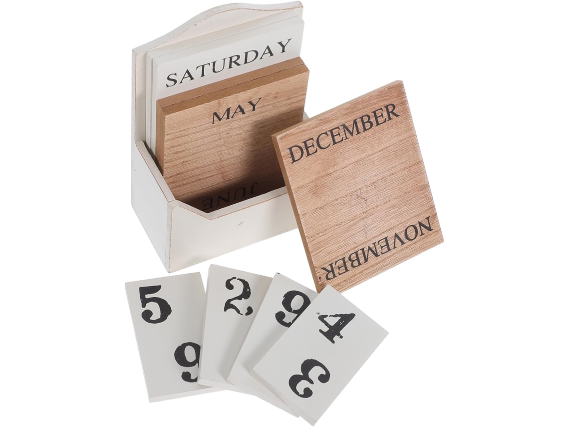 Calendário de Mesa Manual em Madeira Estilo Retrô Alipis, com Exibição Mês e Data, Elegante Peça Decoração Par