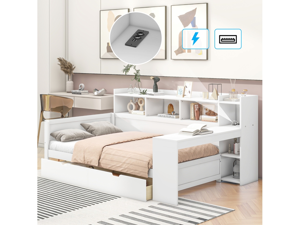 Daybed Branco 90x200cm, Prateleira, Escrivaninha, Usb, 2 Gavetas (s/ Colchão).-op