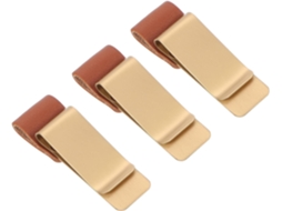 Conjunto Baluue com 3 clipes retrô de metal, em aço inoxidável e couro dourado, para organizar papéis na sua mesa e na sua escola.