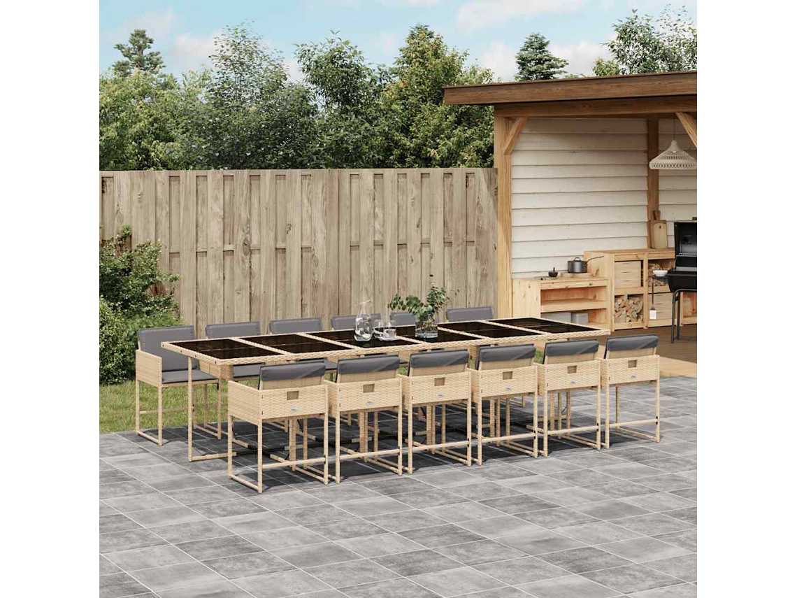 Vidaxl 13 Pcs Conj. Jantar Jardim C/ Almofadões Vime Pe Bege Misturado