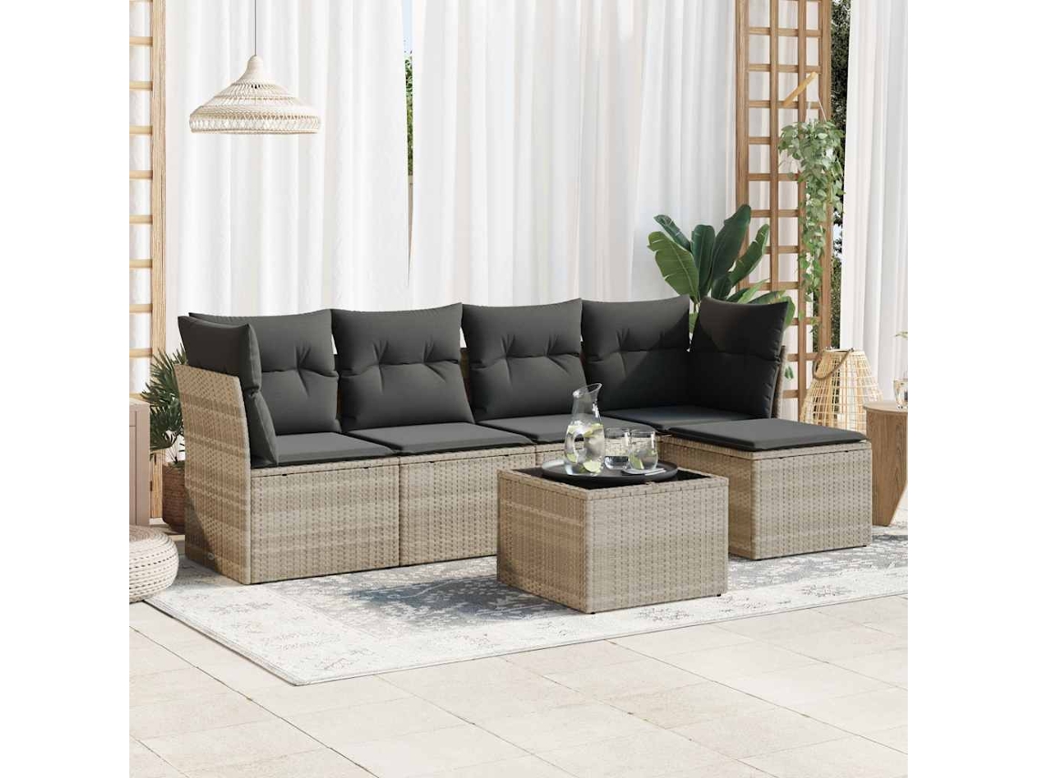 Vidaxl 6 Pcs Conj. Sofás Jardim Com Almofadões Vime Pe Cinzento-claro