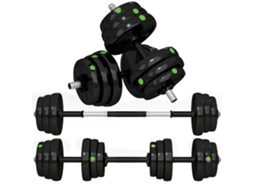 Conjunto de Halteres 2 em 1, barra e halteres, 25 Kg, antiderrapante, preto/verde