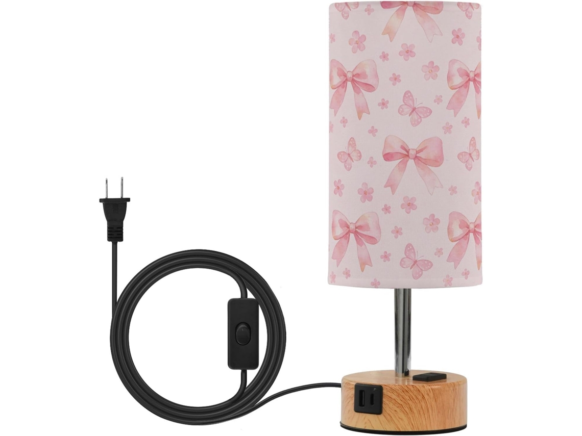 Luminária de mesa pequena Junzan com 3 níveis de intensidade, portas USB CEA, lâmpada LED incluída, design com borboletas.