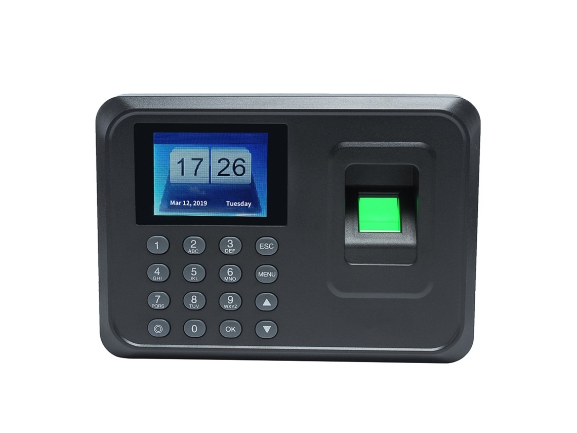 Relógio Inteligente Biométrico Com Leitor De Impressões Digitais, Tela Tft De 2,4 Polegadas, Preto E Branco Com Luz De Fundo Dourada.