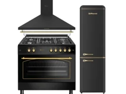 Pack Combinado Solthermic Fogão A Gás Preto Rústico 90x60 Forno Panorâmico Exaustor 90 Frigorífico Combinado Retro 1,88 Fcr188n Preto