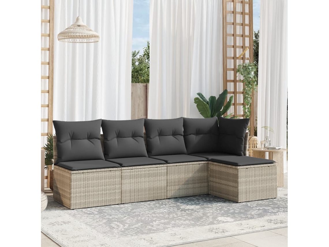 Vidaxl 5 Pcs Conj. Sofás Jardim C/ Almofadões Vime Pe Cinzento-claro