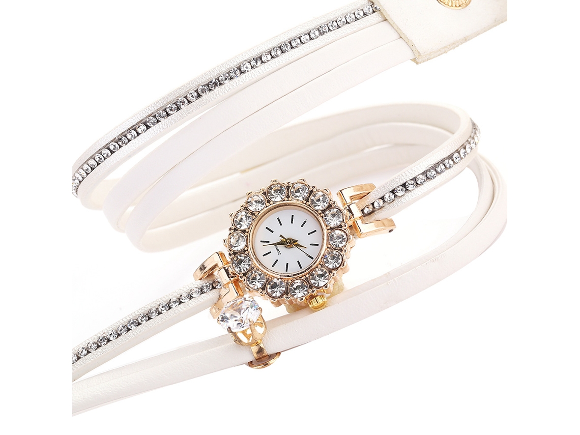 Relógio de Pulso Feminino de Moda com Pulseira de Couro Pu e Cristais Branco