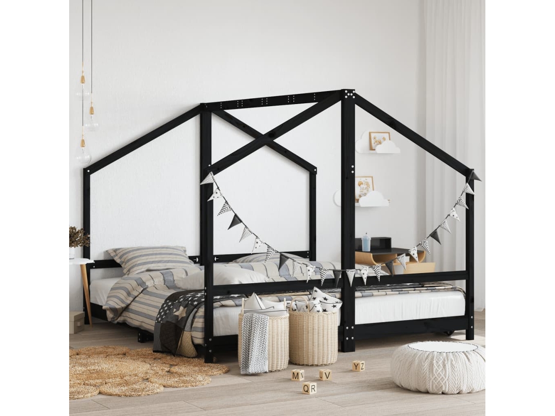 Vidaxl Estrutura De Cama Infantil 2x(90x190) Cm Pinho Maciço Preto