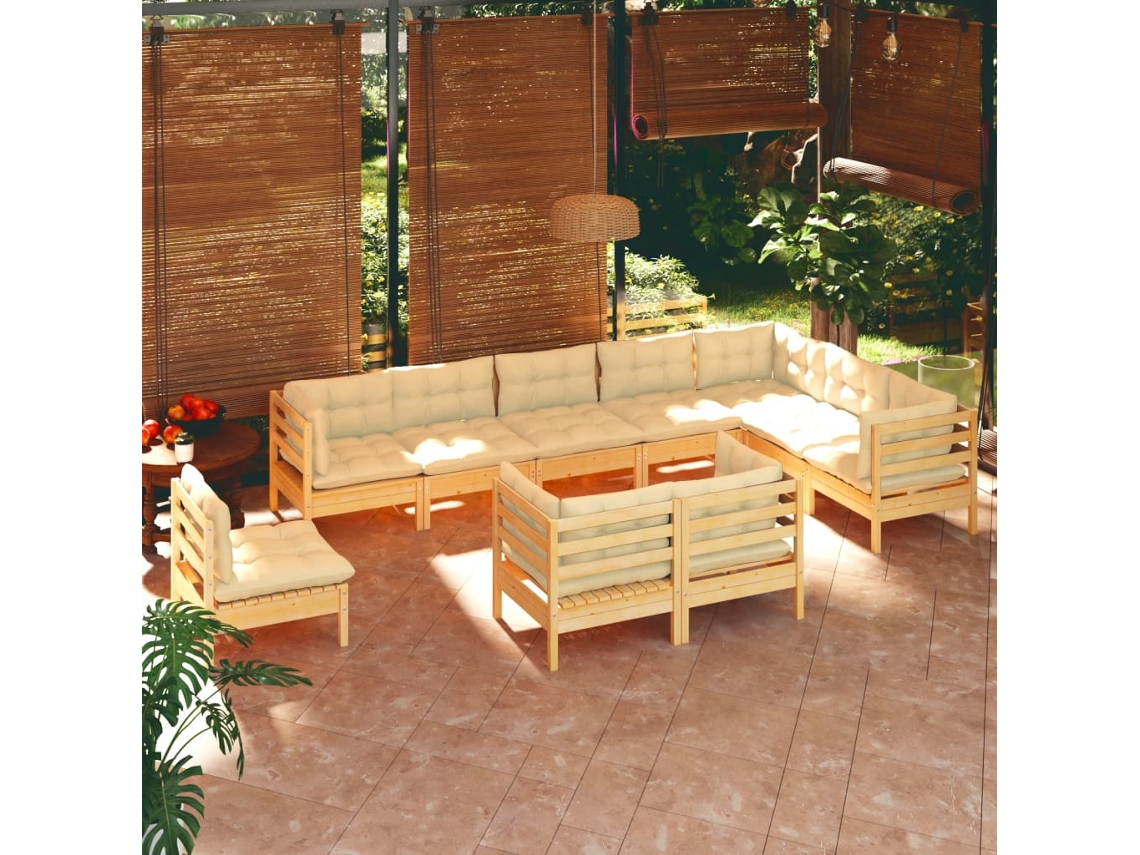 Vidaxl 10 Pcs Conjunto Lounge Jardim C/ Almofadões Creme Pinho Maciço