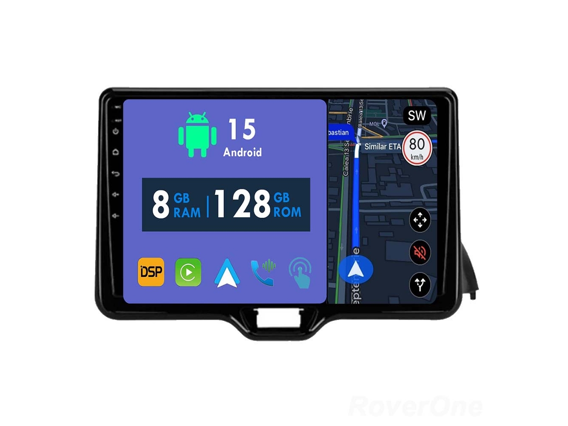 Auto Rádio Carro Bluetooth Autoradio 8GB RAM 128G ROM CarPlay Navegação GPS Ecrã Táctil RoverOne para Toyota Yaris Vios 2020-2023  