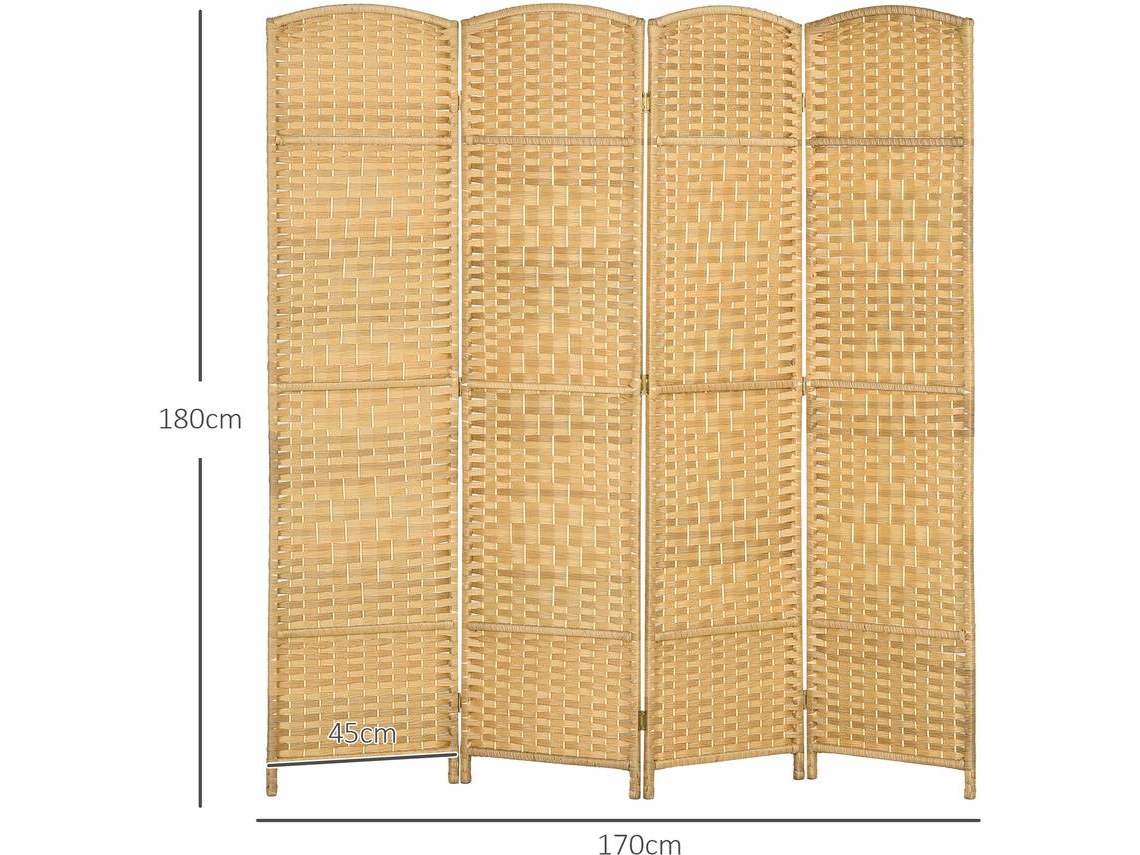 Biombo de 4 Painéis Polipropileno e Madeira de Paulownia Cor Cor de Madeira Natural 180x1,7x180 cm Homcom