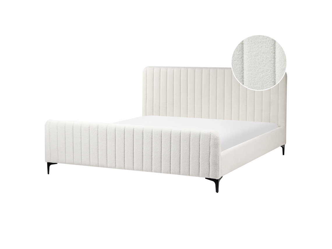 Cama De Casal Beliani Lunan De Bouclé Branco Creme 180x200