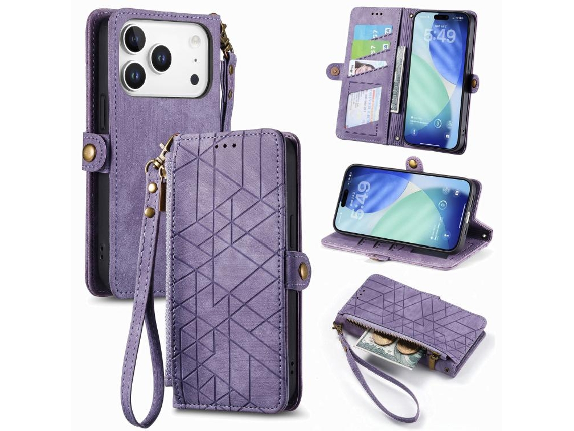 Capa De Couro Para Iphone 17 Pro Max Com Zíper Geométrico E Fivela Lateral.