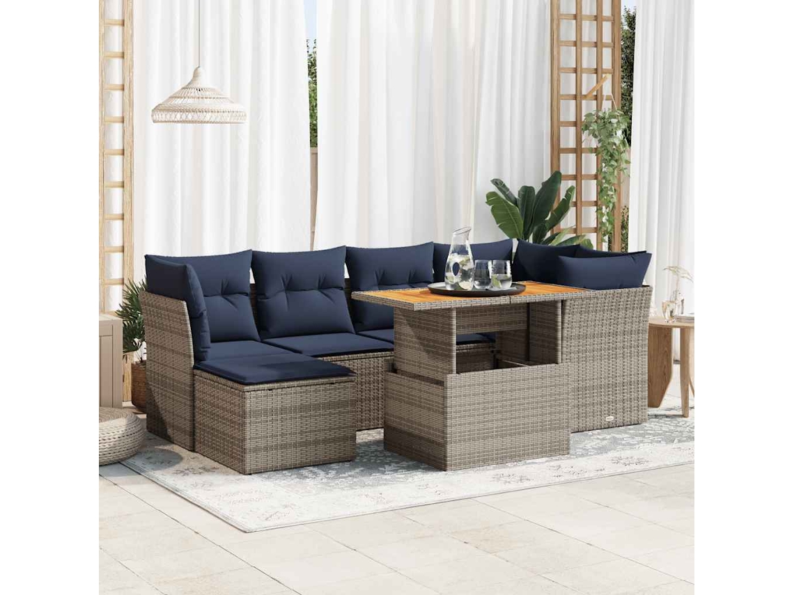 Vidaxl 7 Pcs Conjunto Sofás P/ Jardim C/ Almofadões Vime Pe Cinzento