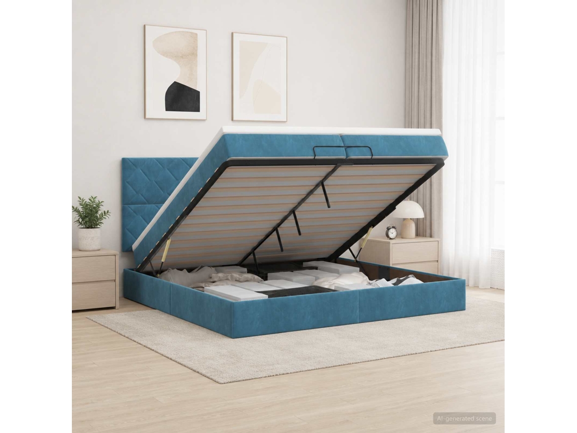Vidaxl Cama Ottoman Com Colchão Azul Escuro 200 X 200 Cm Veludo