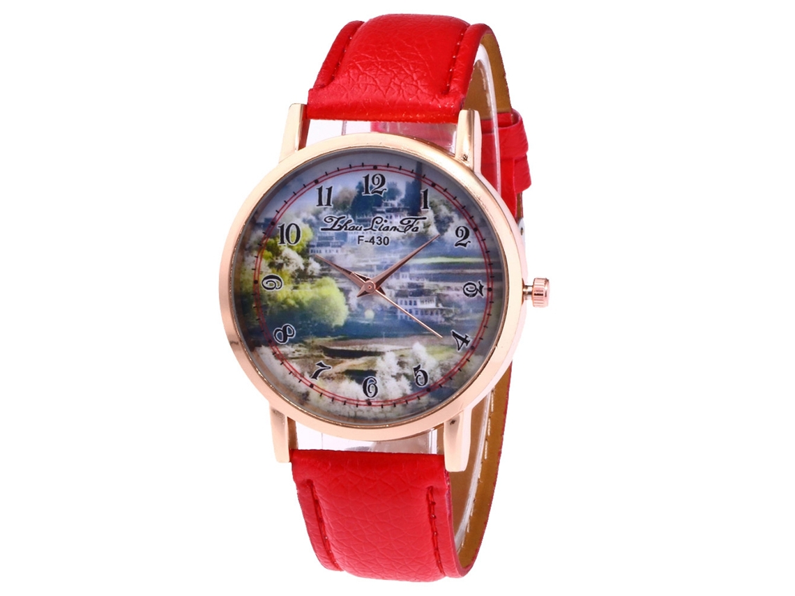 Relógio feminino moderno de quartzo com pulseira de couro sintético e mostrador redondo vermelho.