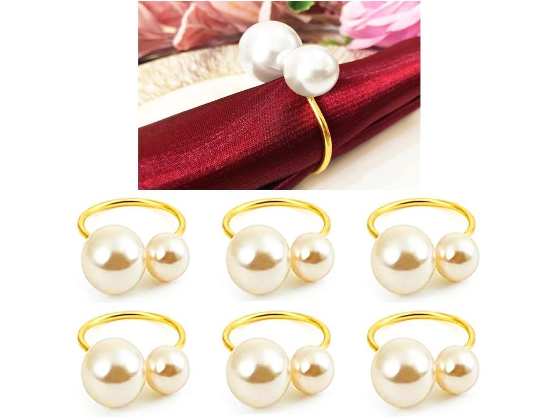 Anéis de guardanapo com pérolas ouro 6 unidades para festas e decoração | S/MARCA