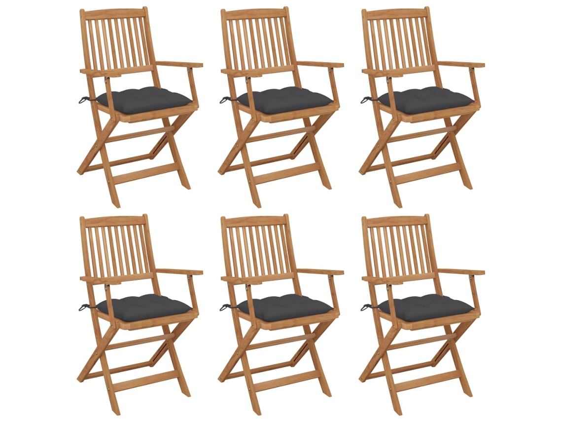 Vidaxl Cadeiras De Jardim Dobráveis C/ Almofadões 6 Pcs Acácia Maciça