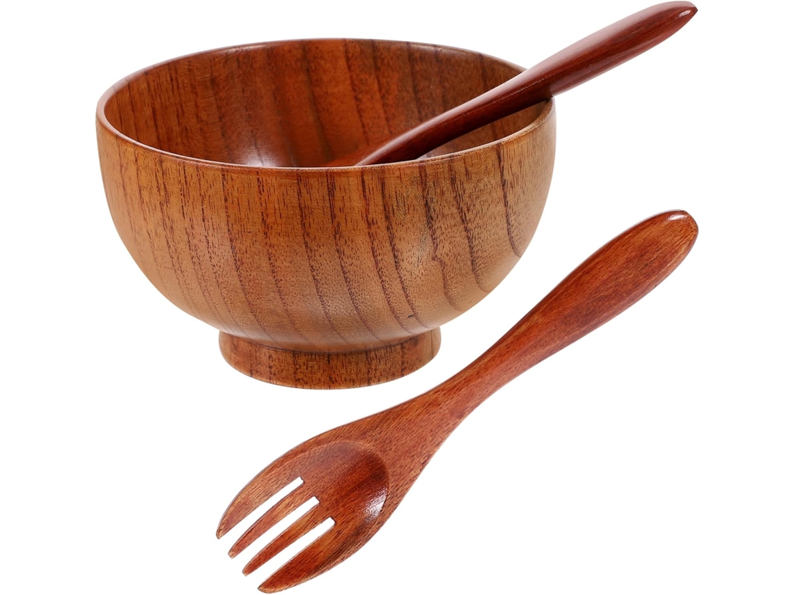 Conjunto De 1 Tigela Natural Com Colher E Garfo, Ideal Para Servir Sopa, Macarrão, Arroz E Frutas.