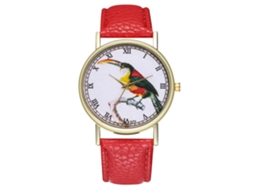 Relógio de quartzo com pulseira de couro PU, mostrador com desenho de pássaro, unissex, vermelho Zhoulianfa
