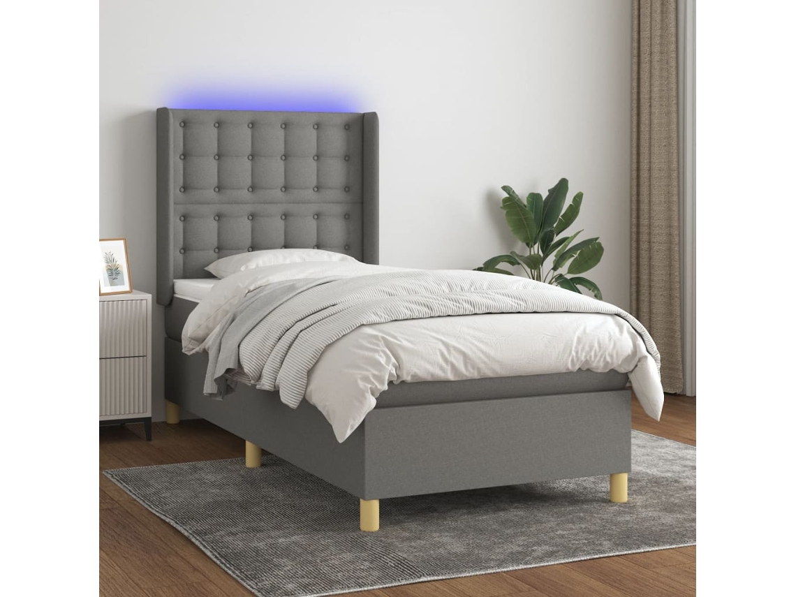 Vidaxl Cama Box Spring C/ Colchão E Led 100x200 Cm Tecido Cinza-escuro