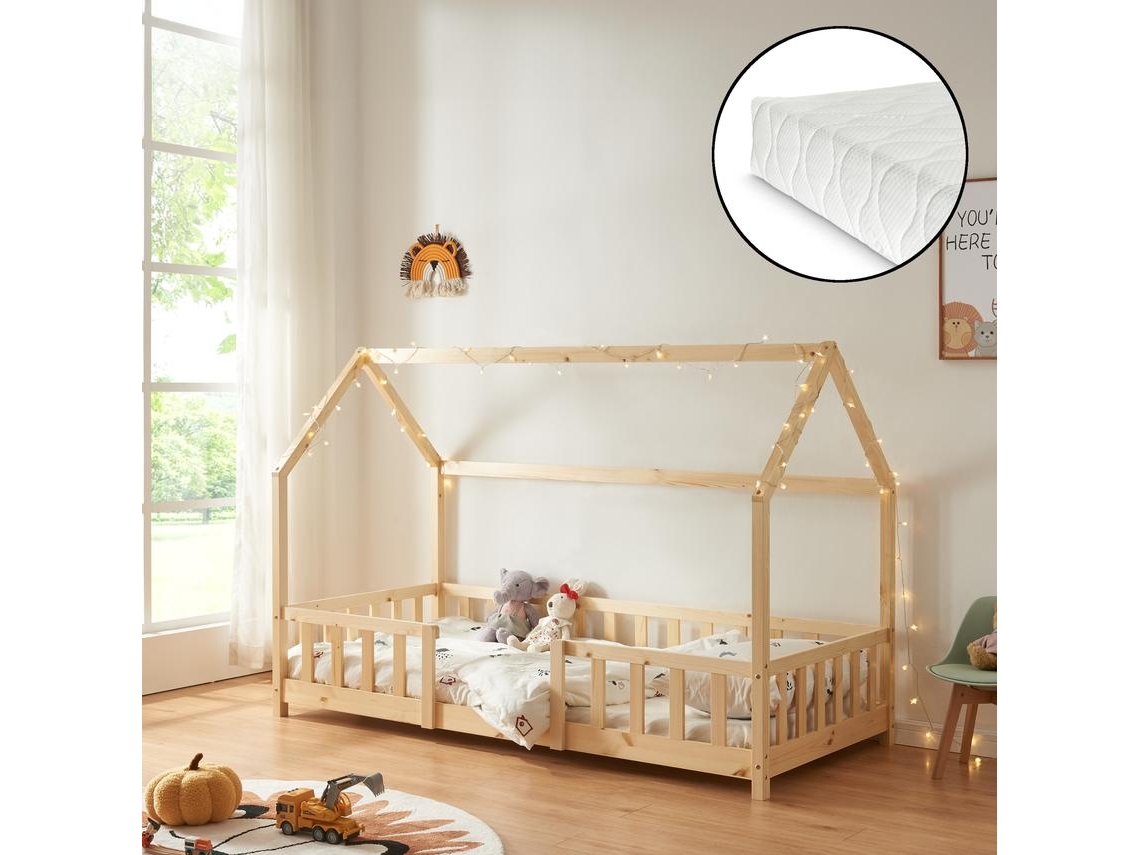 Cama de Criança EN.CASA Sisimiut Forma de Casa Pinho + Colchão 90X200 Cm Pinho Natural NEU.HAUS