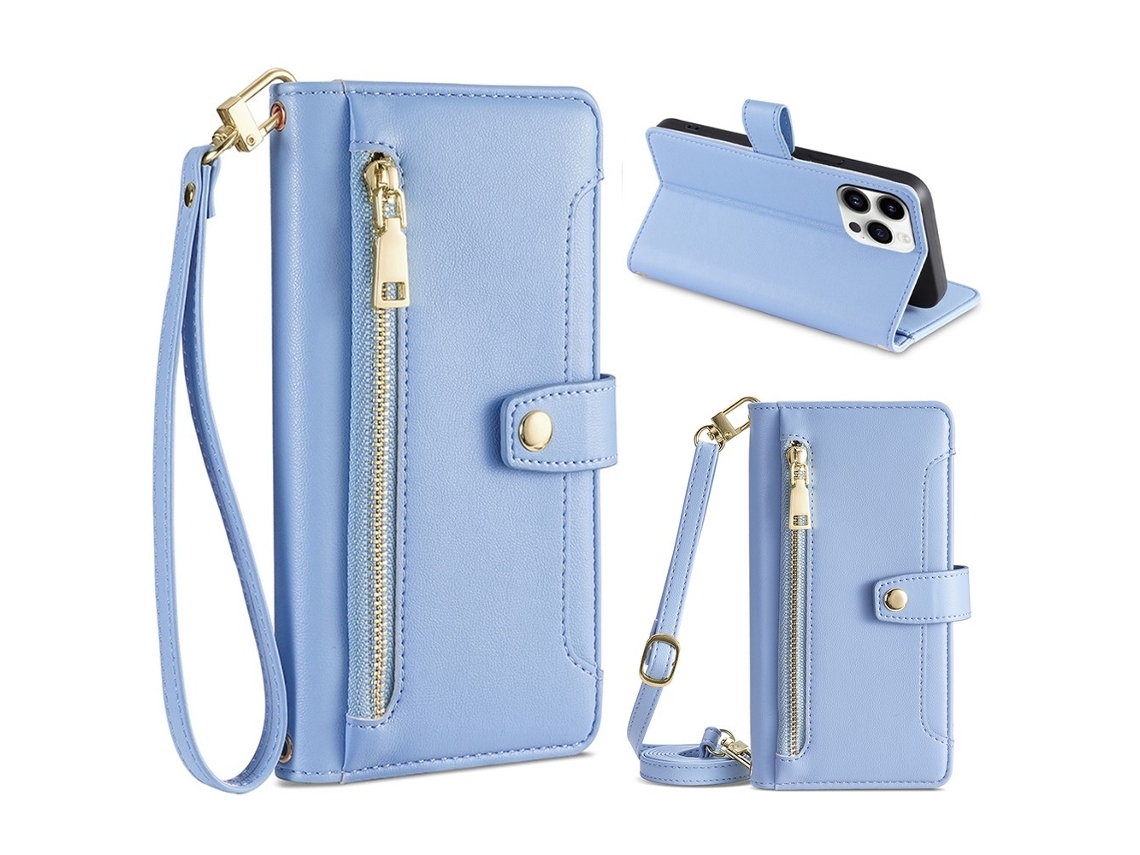 Capa Pega Para Iphone 15 Pro Max Pele Sintética Com Porta-cartões Azul