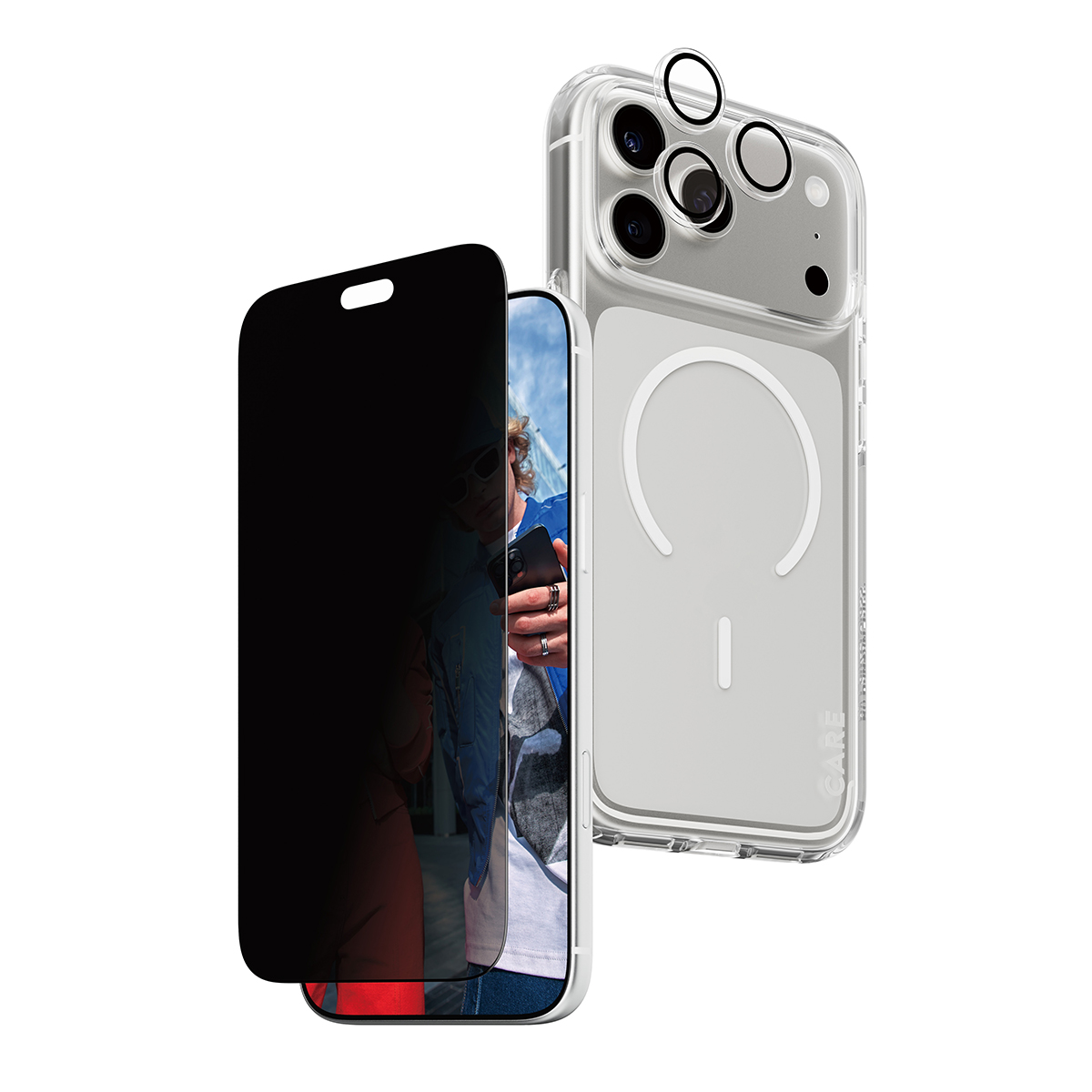 Bundle Premium PANZERGLASS Care 3 em 1 iPhone 18 Pro Max (Película de Ecrã com Privacidade + Capa + Protetor de Câmara)