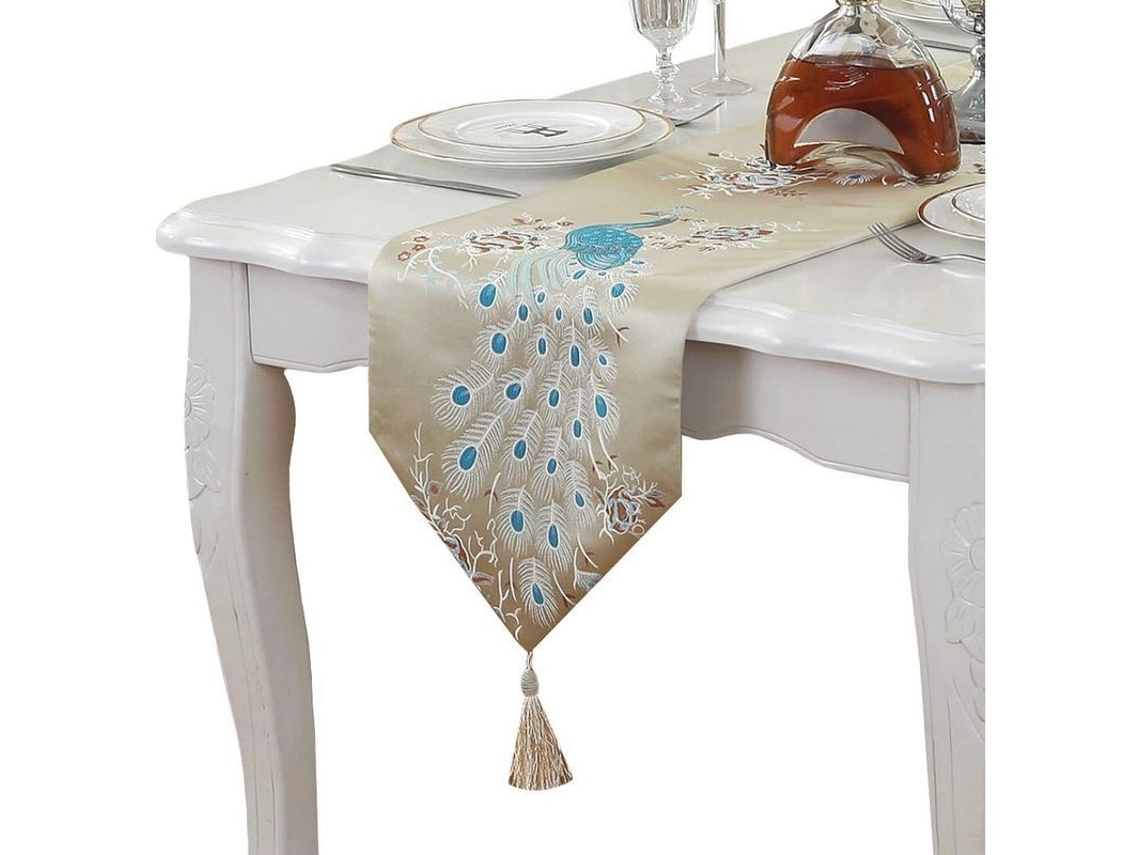 Mantel De Mesa De Pavão Bordado Com Borlas 13x83 Polegadas Antiderrapante Retangular (ouro)