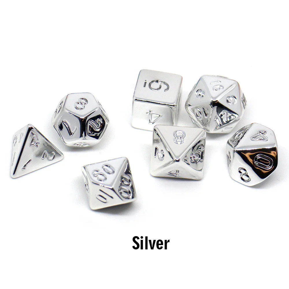 Conjunto De 7 Dados Dd Eletrogalvanizados (prateados), Dados Multifacetados Para Jogos De Mesa.