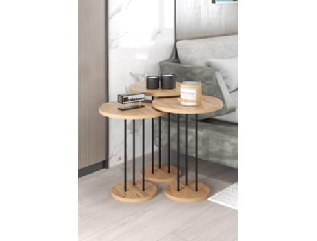 Conjunto De 3 Mesas Redondas De Encastrar Em Madeira Natural, Mármore Branco Ou Cinza Pernas De Metal, Design Moderno, Fácil Montagem Casa Basics