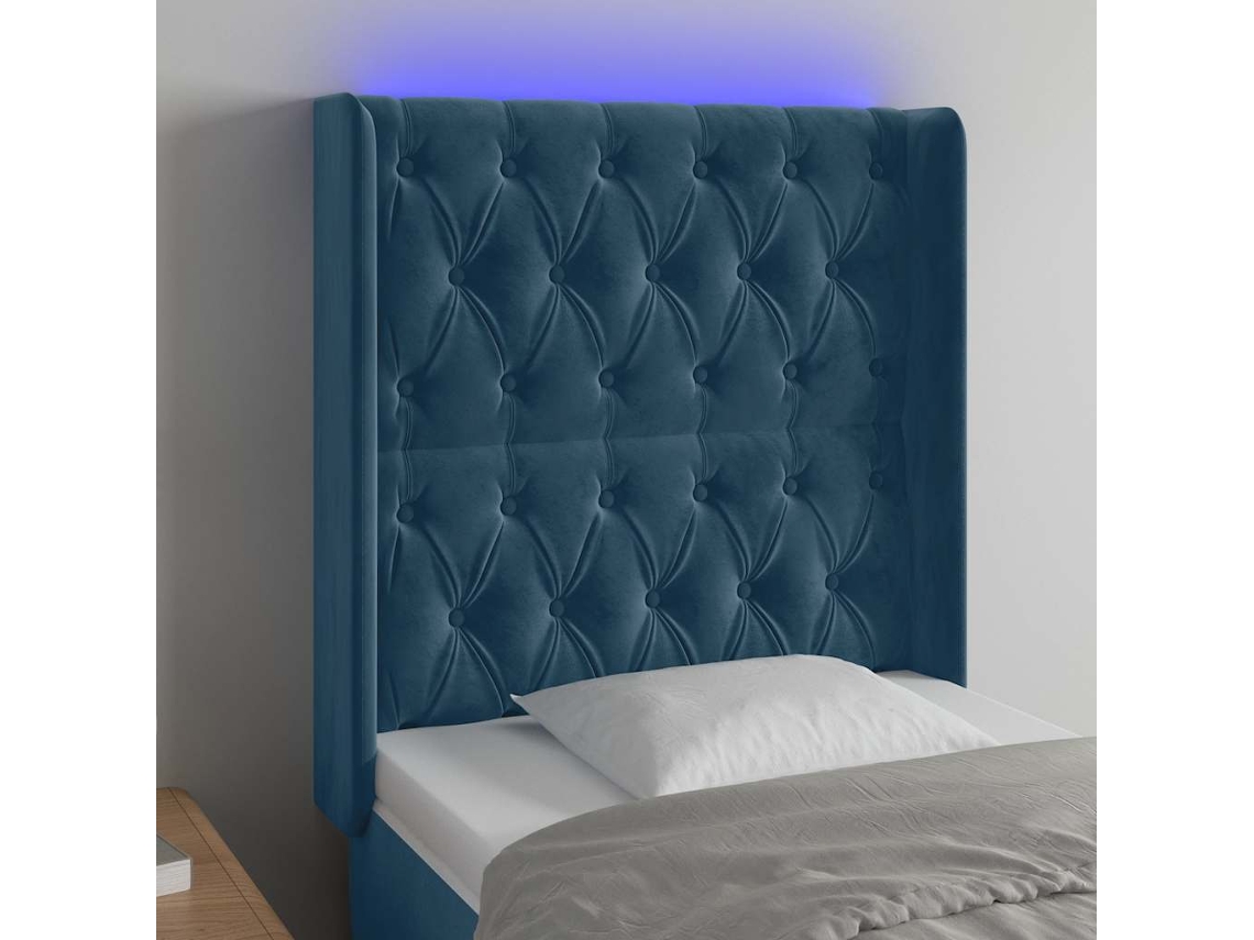 Vidaxl Cabeceira Cama C/ Luzes Led Veludo 83x16x118/128 Cm Azul-escuro