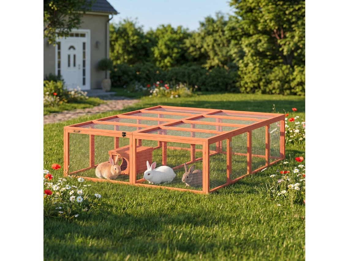 Abrigo De Madeira Para Criação Livre De Coelhos, Com Duas Portas, Ideal Para 2 A 4 Coelhos Anões, Medindo 180,4 X 150 X 48 Cm