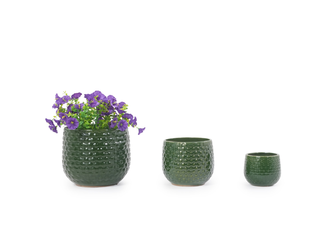 Conjunto De 3 Vasos Cerâmicos Ø23/17/12 Cm, Verde Escuro Brilhante, Relevo Pontilhado, Anti‑gelo, Drenagem, Jardim E Varanda