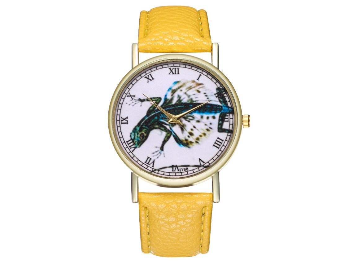 Reloj De Moda Casual Unisex Lagarto Volador Cuarzo Pulsera De Cuero Amarillo
