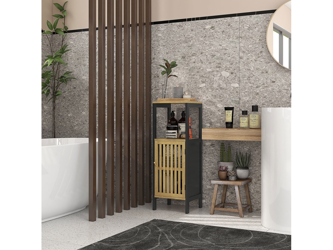 Móvel Baixo de Banheiro em Bambu com Armário 1 Porta Nicho Aberto 32 X 30 X 90,5 Cm, Preto e Madeira
