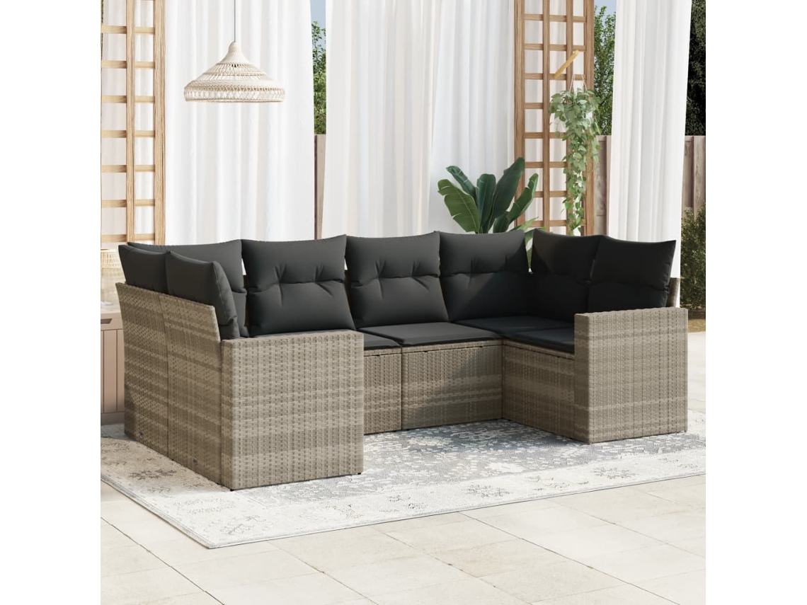 Vidaxl 6 Pcs Conj. Sofás Jardim Com Almofadões Vime Pe Cinzento-claro