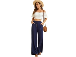 2026 pantalones Anchos de Algodón Y Lino para Mujer de Cintura Alta Con Bolsillos Verano Flowy XXL Azul Marino