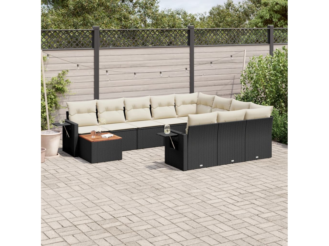 Vidaxl 11 Pcs Conjunto Sofás De Jardim C/ Almofadões Vime Pe Preto
