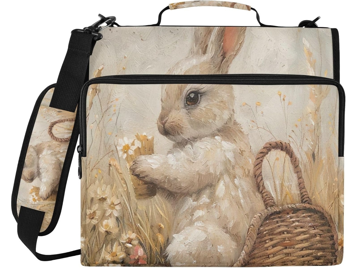 Organizador De Bolsa Clássico Com Estampa Coelho E Flor, Compartimento Com Zíper Fichário De 3 Argolas E Bolso
