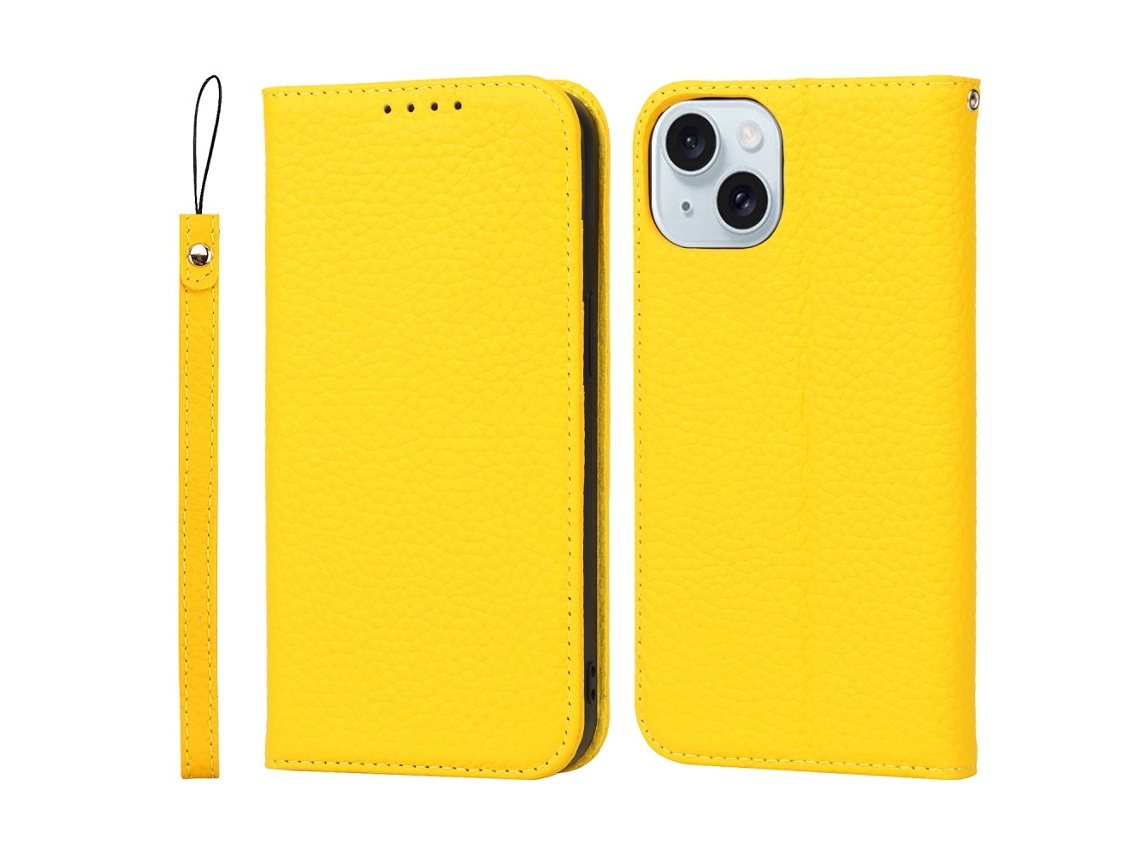 Capa Em Couro Genuíno Textura De Lichia, Anti-riscos Com Suporte Para Apple Iphone 15 - Amarelo