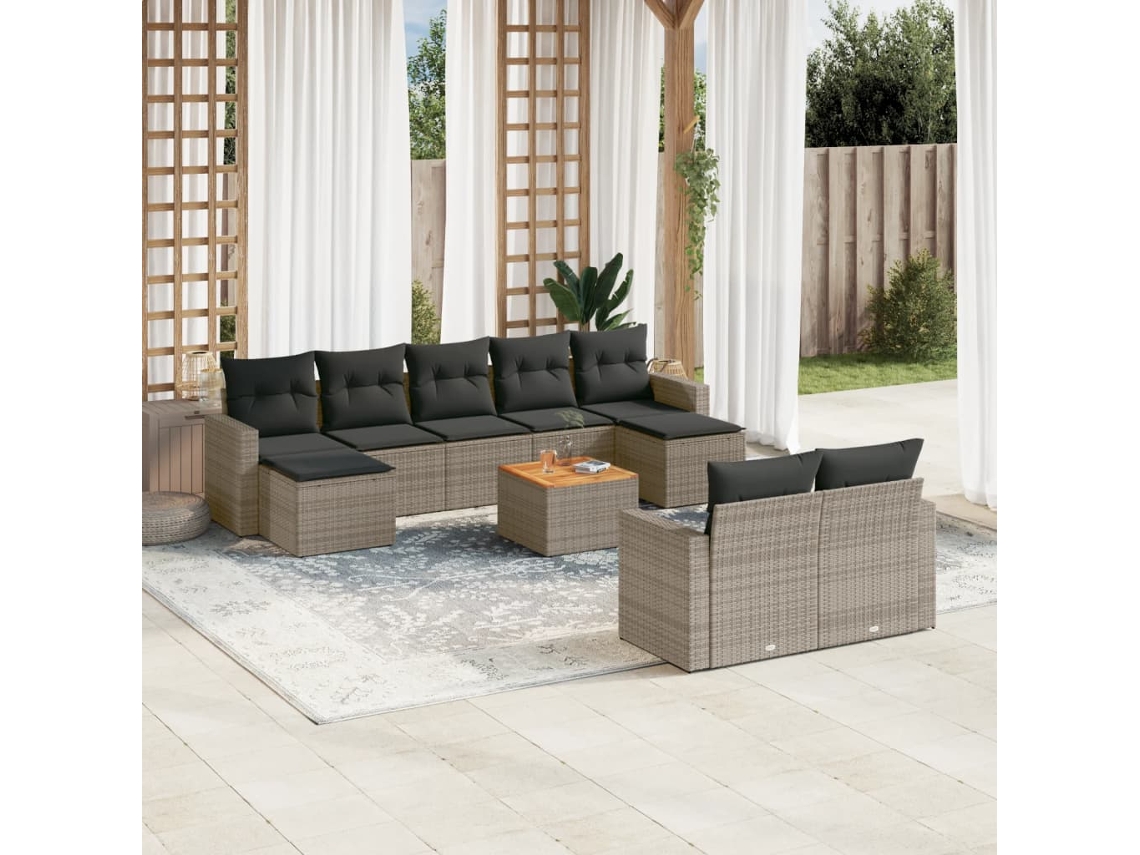 Vidaxl 10 Pcs Conjunto Sofás De Jardim C/ Almofadões Vime Pe Cinzento