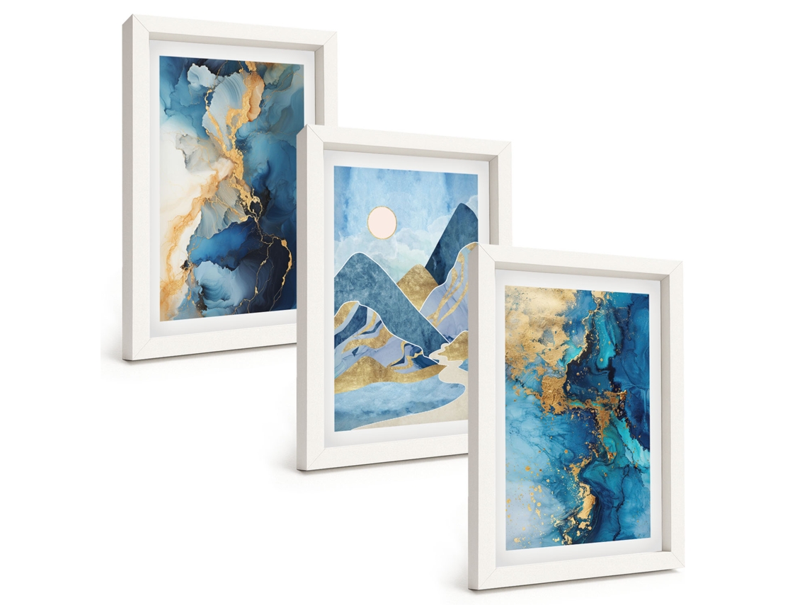 Quadros Decorativos Para Parede Montanhas Azuis, Padrões Abstratos Moldura Branca Quadros Para O Escritório Espelharte (3 Peças 20x30 Cm)