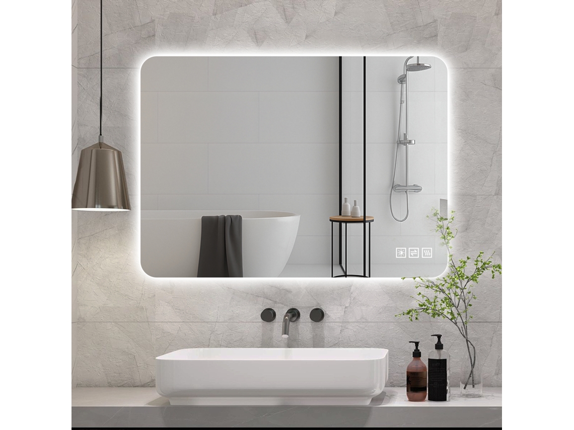 Espelho Led Casa Banho 70x90 Cm Sem Moldura, Retroiluminado, Touch Regulável, 3 Cores, Antiembaçante, Vidro Sem Cobre, Horiz/vert Prateado NOVELA