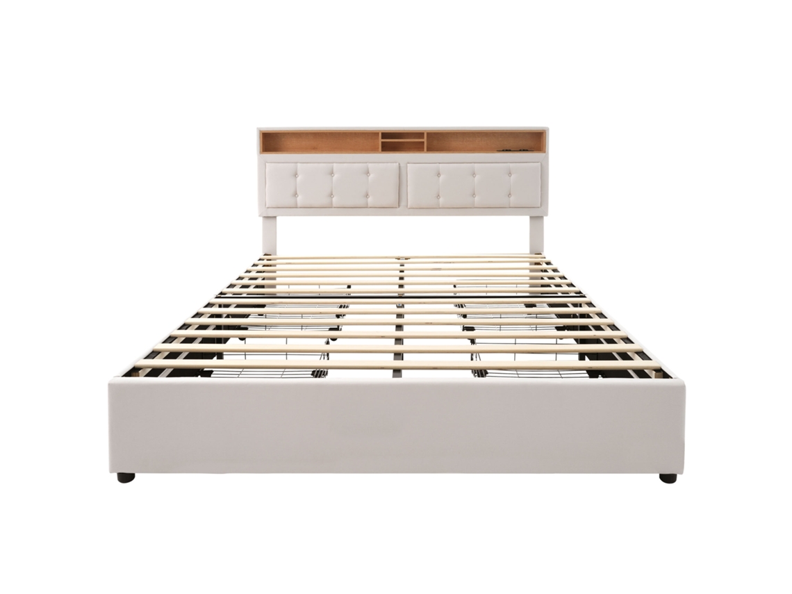 Cama Com Gavetas Estofada Porta Carregamento Mobrio Bege (160x200cm)