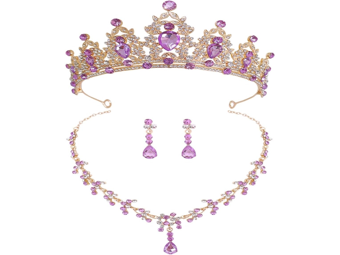 De Casamento: Tiara Dourada E Roxa, Colar E Brincos De Cristal Brilhante.