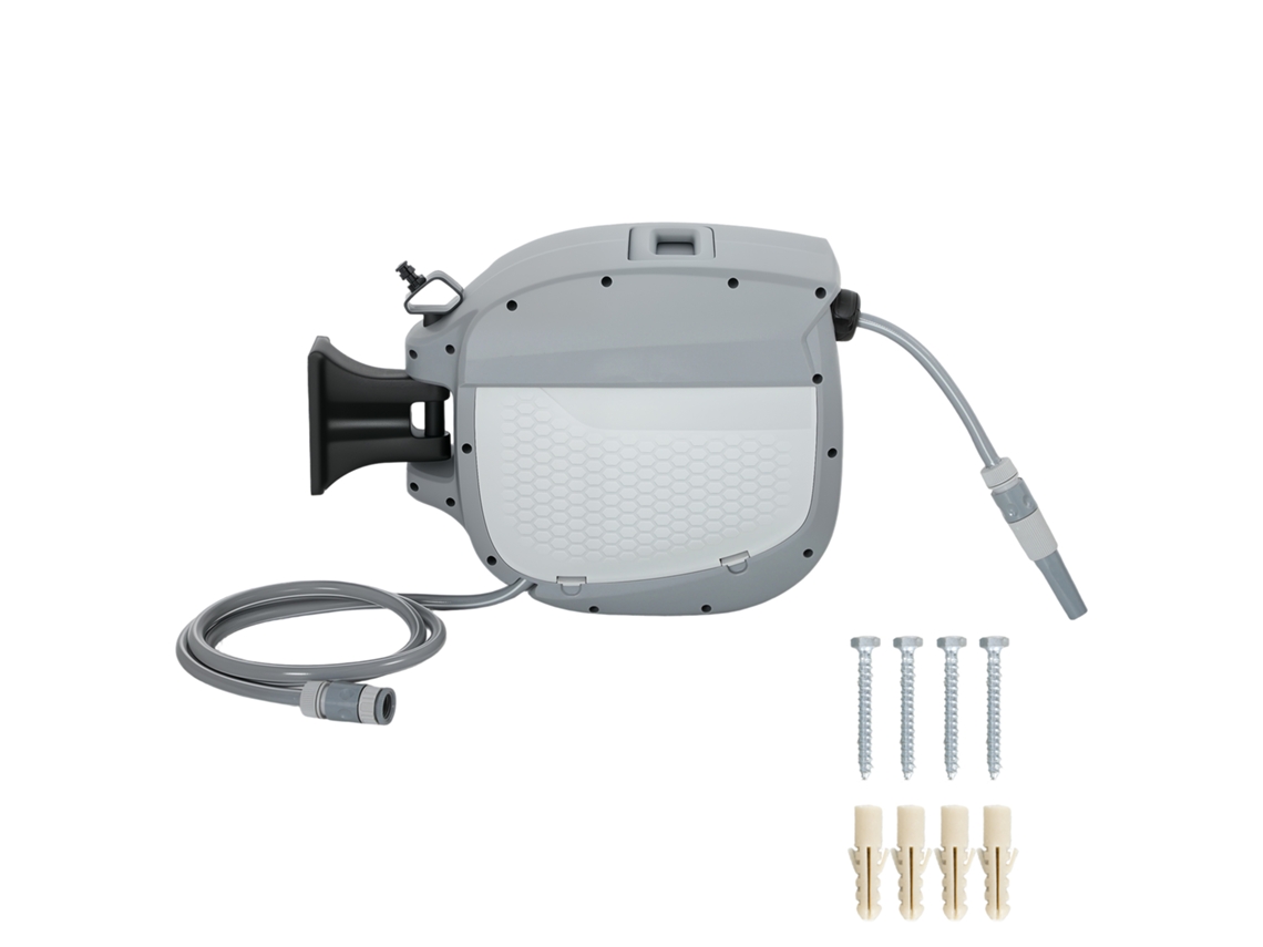 Carretel De Mangueira Para Jardim 20+1,9 M Com Bico De 2 Modos Bloqueio Automático E Retracção Suporte Orientável 180° Cinza