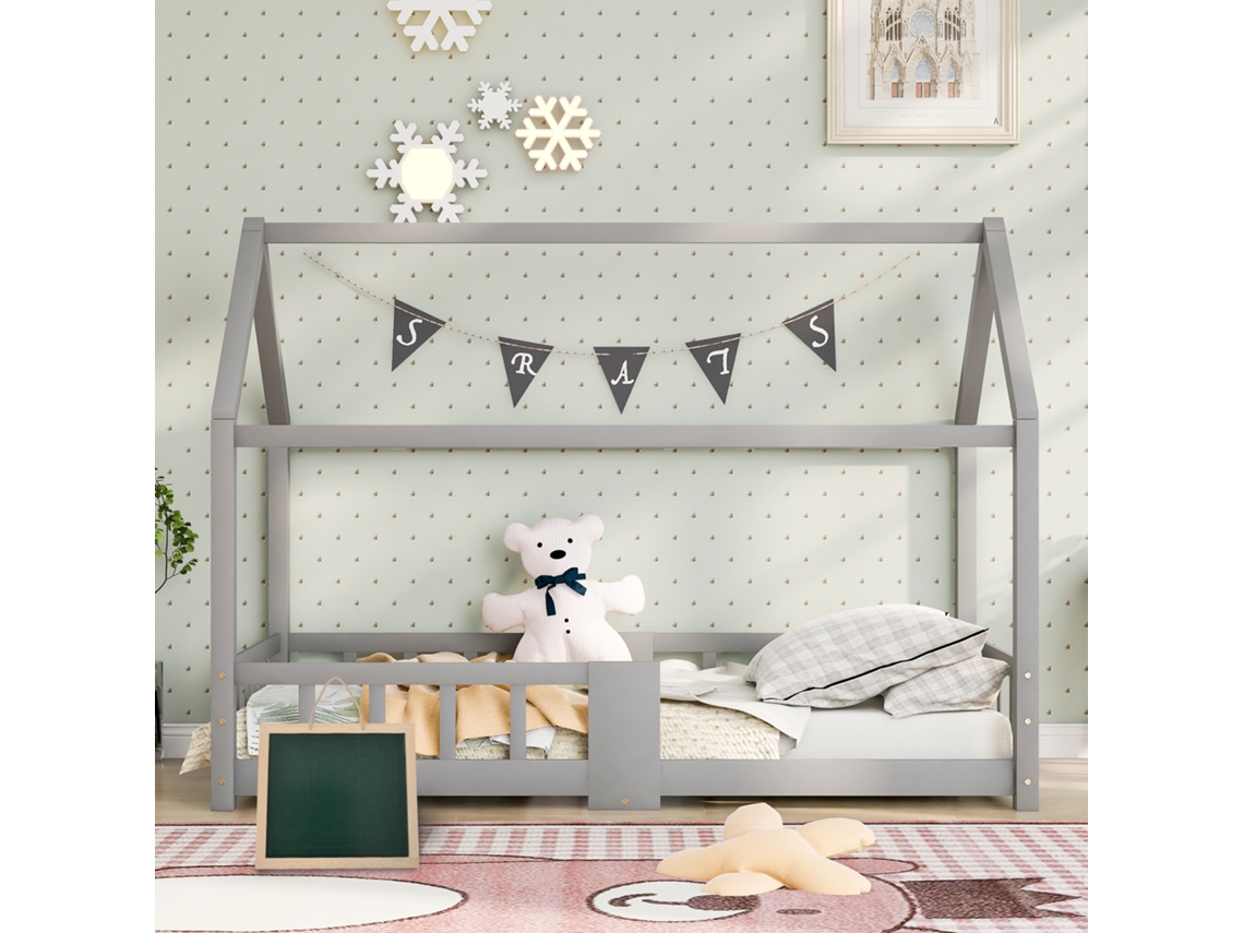 Cama Infantil Hausbett 90x200 Cm Pinho Cinza Com Proteção Anti-queda