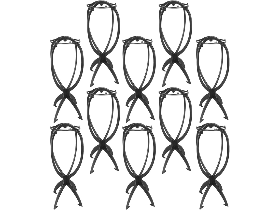 Conjunto de 10 suportes de plástico branco para perucas e extensões.